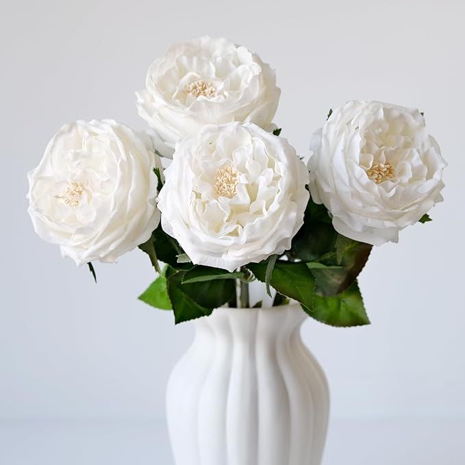 YalzoneMet 4 Pcs 3.5'' Big Bloom White Roses Artificial Flowers 17.7'' Long Stem Peonies Real Tou... | Amazon (US)