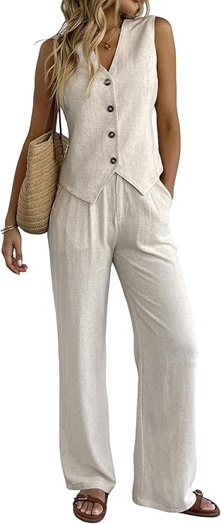 Women's 2 Piece Outfits Linen Vest Waistcoat Dressy Casual Sets Wide Leg Pants Suits | Amazon (US)