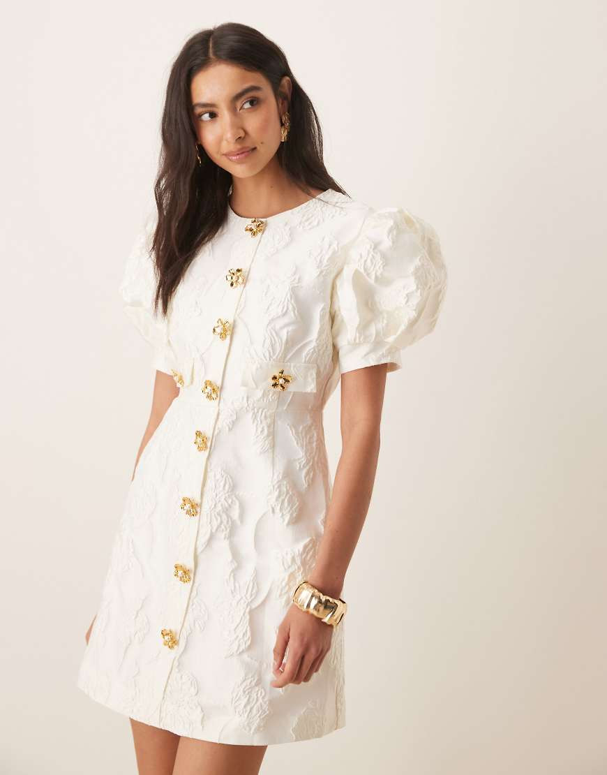 Sister Jane Anemone jacquard puff sleeve gold flower button up mini dress in ivory-White | ASOS (Global)