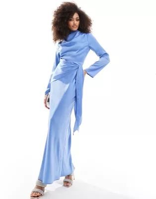 ASOS DESIGN satin long sleeve maxi dress with tie waist overlay detail in blue | ASOS (Global)