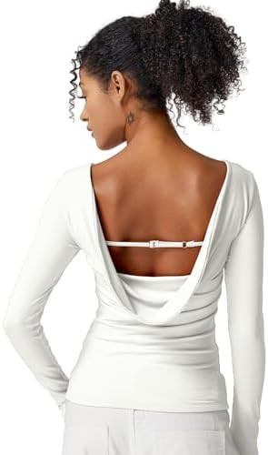 QINSEN Women's Cowl Back Long Sleeve Shirts Boat Neck Double Lined Going Out Tops Stretchy Fitted... | Amazon (US)