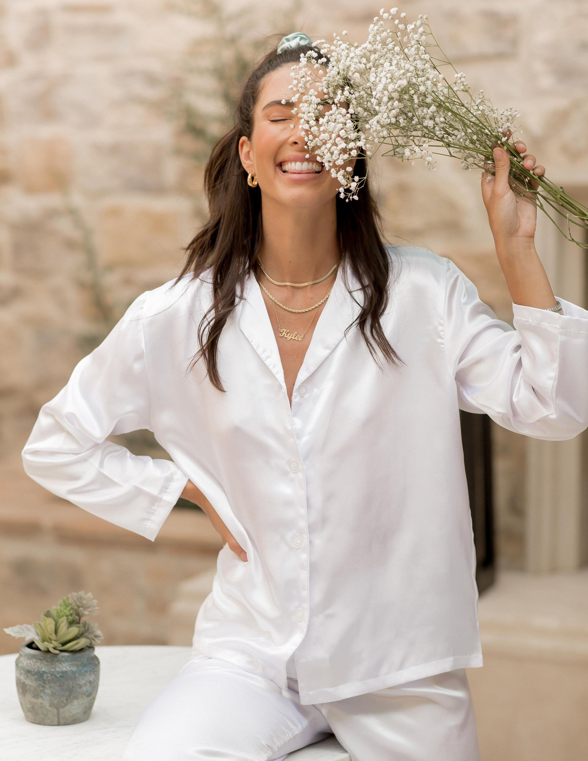 Womens Clearance Satin Pajamas - White / Medium | Leveret Clothing