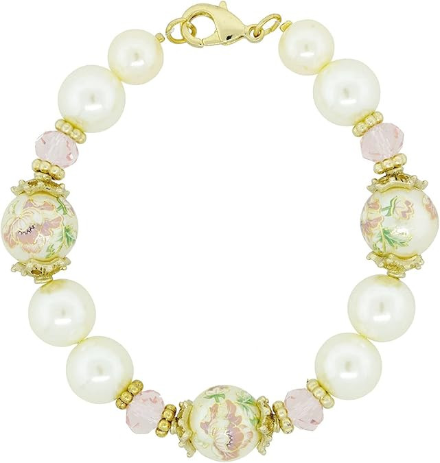 1928 Jewelry Women's Gold Tone Flower Decal Faux Pearl Pink Crystal Bracelet | Amazon (US)