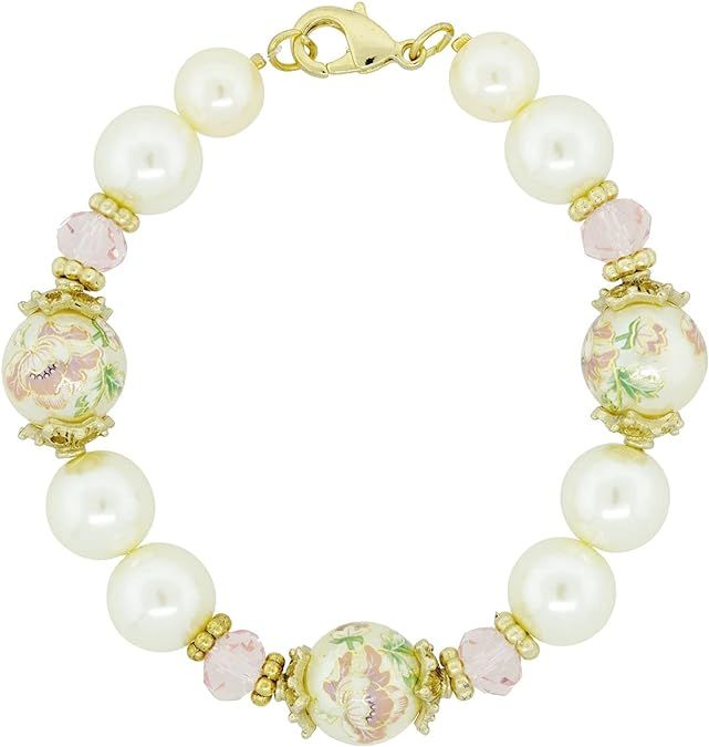 1928 Jewelry Women's Gold Tone Flower Decal Faux Pearl Pink Crystal Bracelet | Amazon (US)