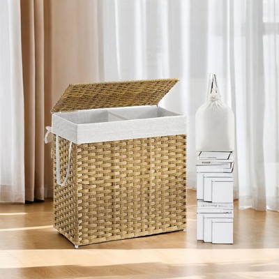 130L Double Laundry Hamper with Lid Clothes Hamper with 2 Removable Liner Bags and 6 Mesh Bags Laundry Storage for Laundry Room Natural | Target