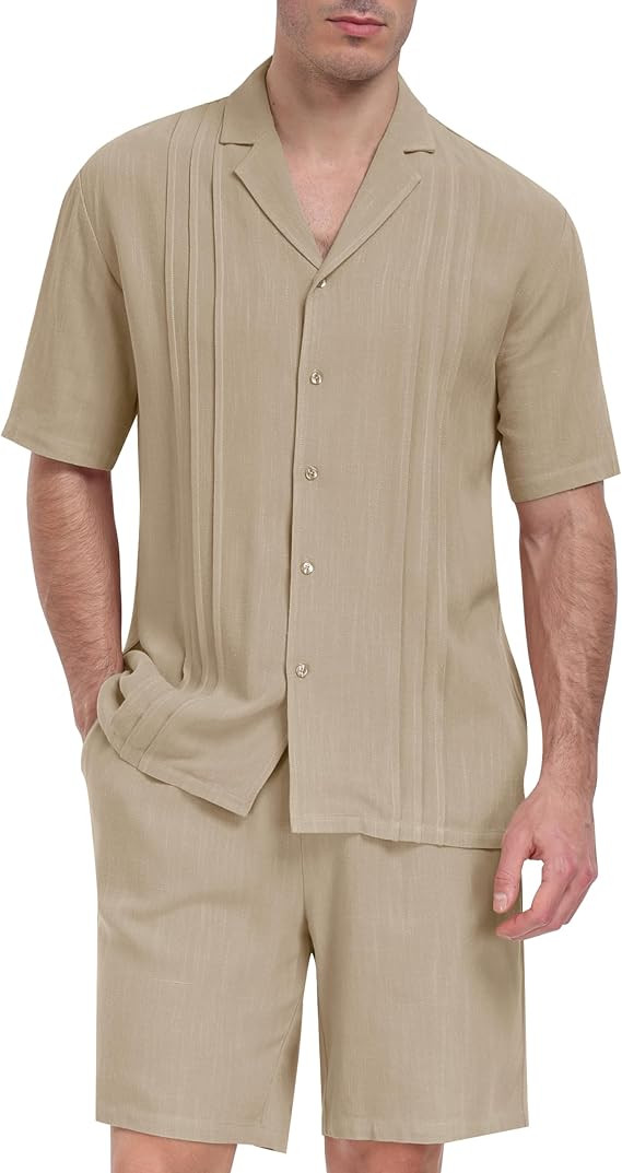 MoFiz Men's Linen Sets 2 Pieces Summer Vacation Party Beach Outfits Short Sleeve Button Down Shir... | Amazon (US)