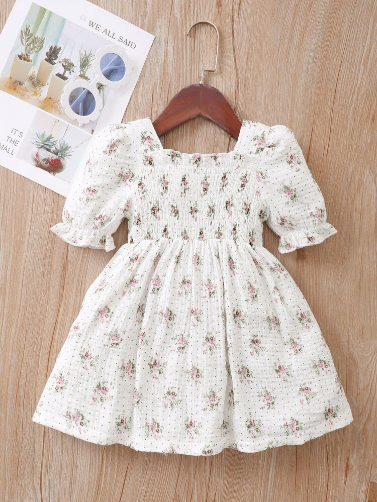 Baby Polka Dot & Floral Print Textured Puff Sleeve Shirred Dress | SHEIN