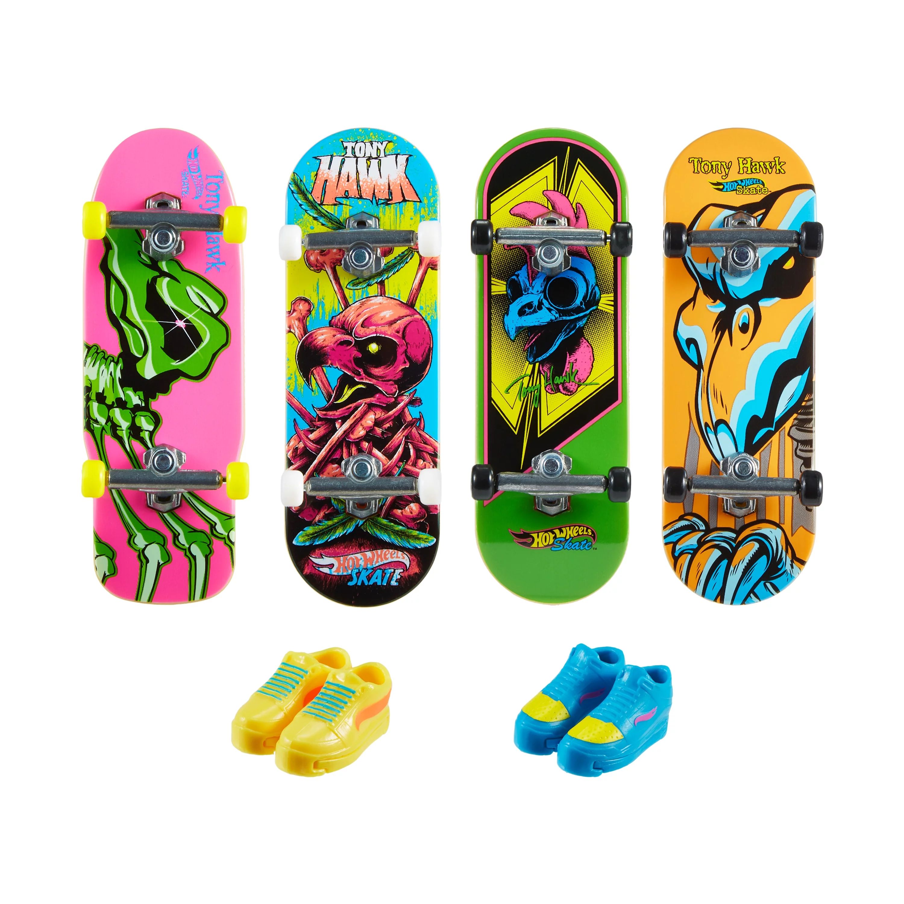 Hot Wheels Skate Neon Bones Tony Hawk Set of 4 Fingerboards and 2 Pairs of Skate Shoes | Walmart (US)