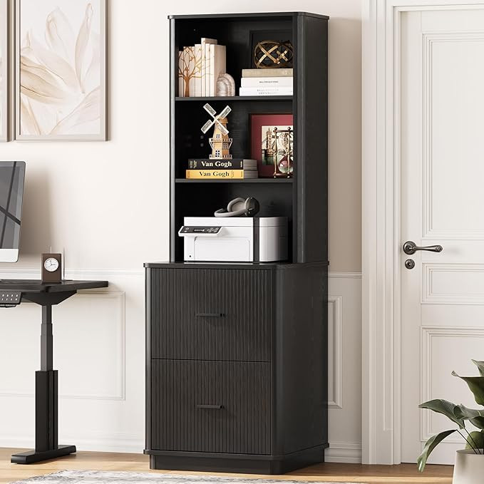 ONBRILL 71" Tall Fluted Bookcase with 2 File Drawers, Curved Design Display Bookshelf with Storag... | Amazon (US)