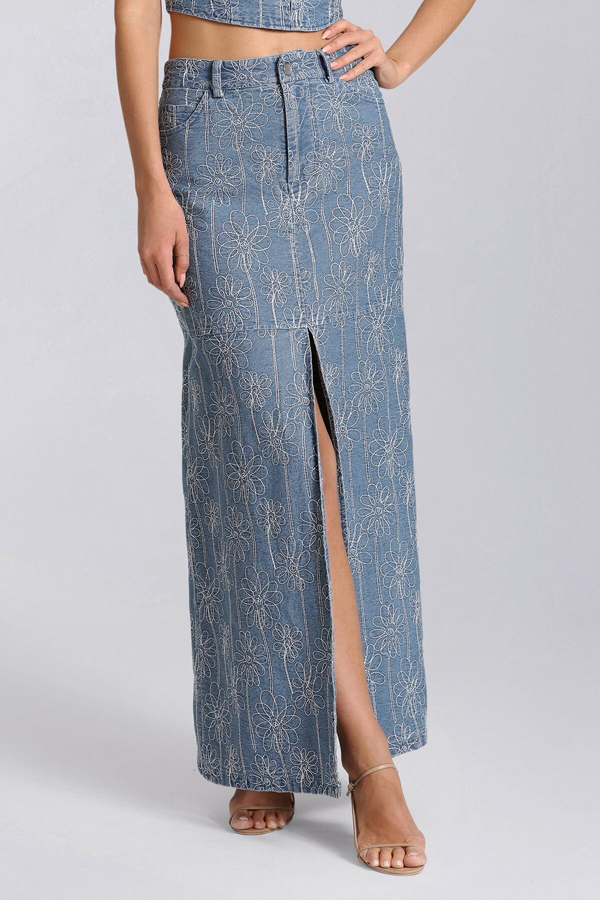 Embroidered Denim Maxi Skirt | Avec Les Files