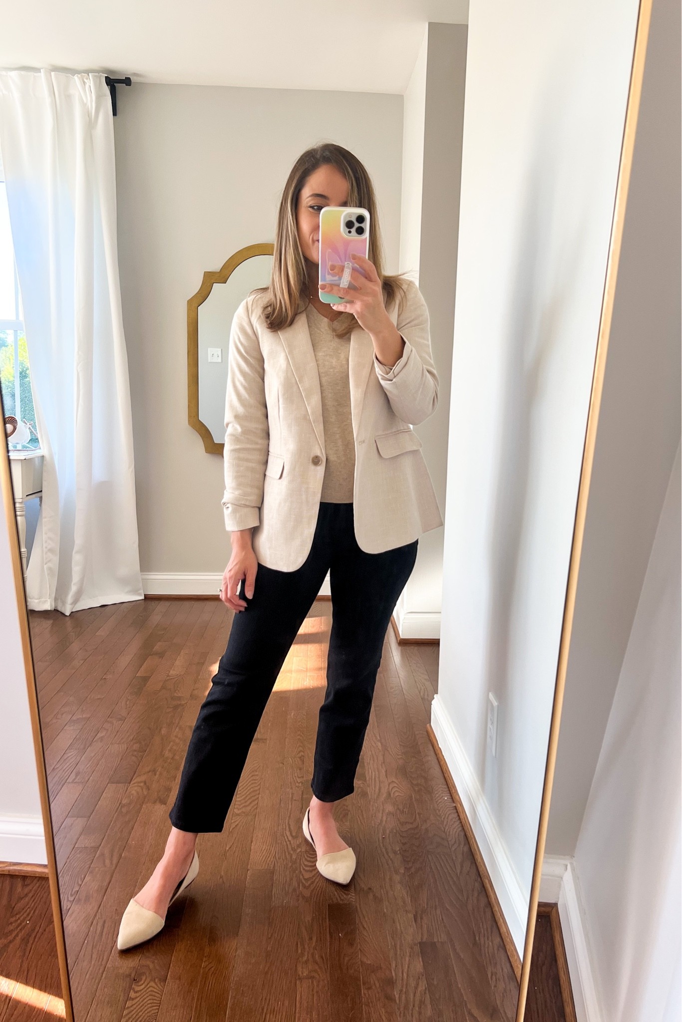 What I’m wearing today 

Blazer Ann Taylor - similar linked 
Sweater target color oatmeal in xs a little oversized 
Jeans j.crew factory straight in petite 24 true to size 