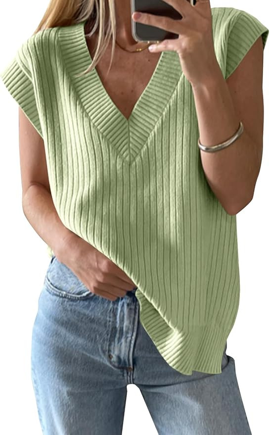 Saodimallsu Womens V Neck Sweater Vest Oversized Ribbed Knit Sleeveless Casual Loose Fit Pullover... | Amazon (US)