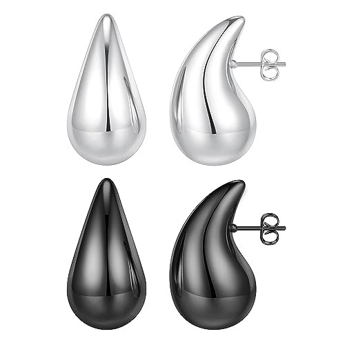2 Pairs Earrings Set Black Silver Earrings for Women, Chunky Silver Hoop Earrings for Women Hypoallergenic Silver Teardrop Earrings for Women Lightweight Silver Drop Earrings for Women Trendy Jewelry | Amazon (US)