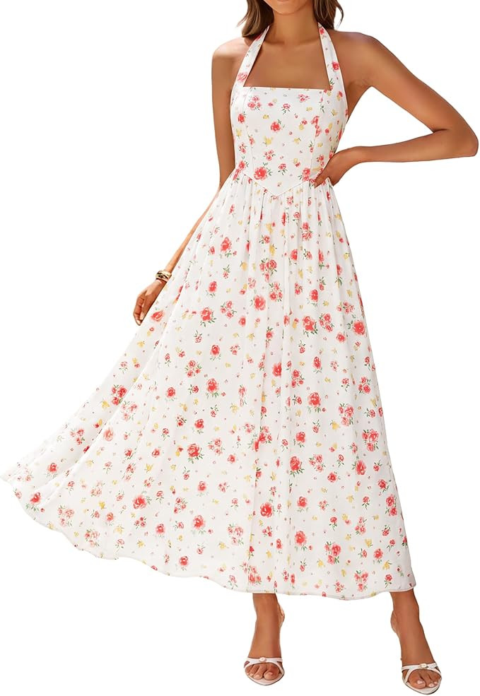 ZESICA Women's Summer Floral Halter Midi Dress 2026 Sleeveless Off Shoulder High Waist Flowy Casu... | Amazon (US)