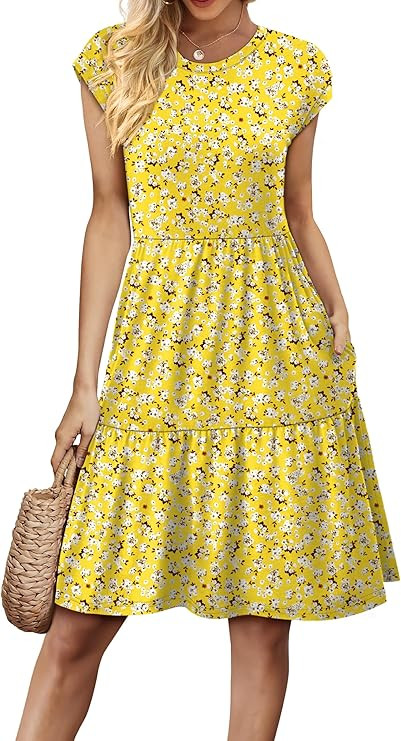 WIHOLL Summer Dresses for Women 2025 Cap Sleeve Casual Sundresses Floral Tiered Swing Babydoll Va... | Amazon (US)