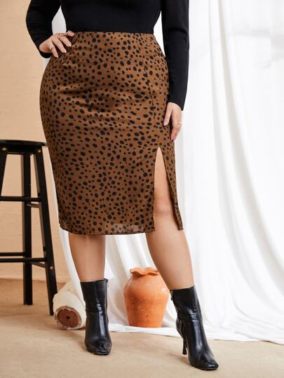 SHEIN Plus High Waist Dalmatian Print Split Thigh Skirt | SHEIN