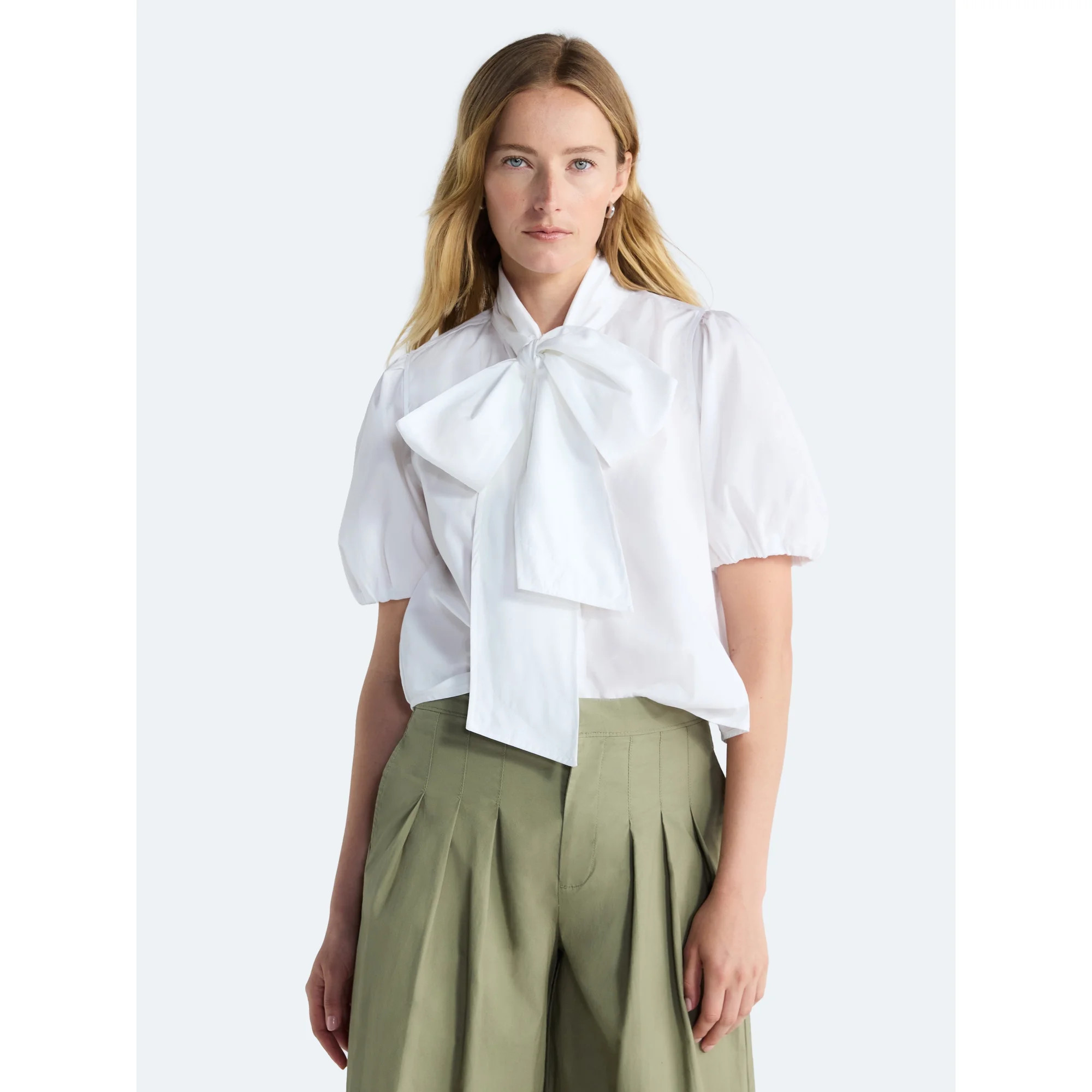 Free Assembly Women's Cotton Bow Blouse with Short Puff Sleeves, Sizes XS-XXL | Walmart (US)