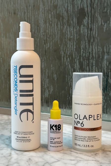 Post hair wash line-up 💁‍♀️

This is my product routine fresh out of the shower on towel-dried hair:

1. UNITE Hair 7SECONDS Detangler - I explained the importance of leave-in conditioner on my Broadcast Channel and how much I love this one! It’s an absolute staple in my routine. 
2. K18 Mini Molecular Repair Hair Oil - This is a weightless oil that I apply to my ends. It’s meant to strengthen, repair damage, reduce frizz, and improve shine. I was really curious about this product so I bought the mini version to test it out. I like it, but I’m not sure if I will repurchase it due to the cost and desire to try other products. It’s definitely ideal if you have damaged hair since it’s a repair oil. I use this on damp hair because I heard you reap more of its benefits that way vs applying it to dry hair. 
3. Olaplex No. 6 Bond Smoother - This is a holy grail for me. It strengthens and protects hair from everyday damage. It also promotes faster blow dries and has up to 72 hours of frizz control. I see a lot of comments asking about how I get my hair so smooth and I swear it’s this. A little goes a long way!