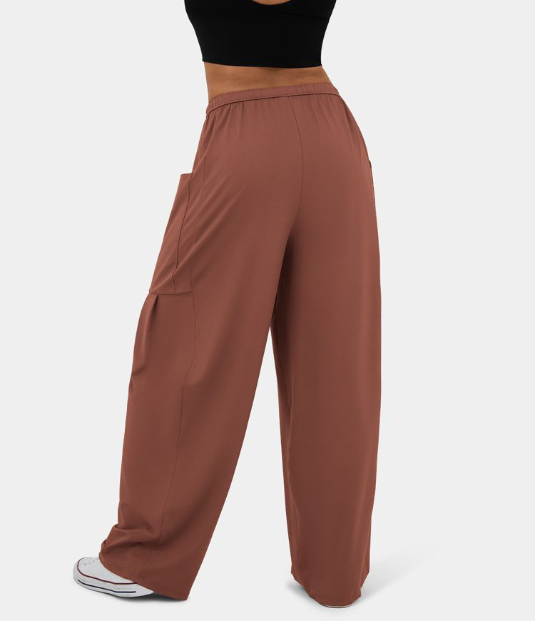 Mid Rise Elastic Waistband Drawstring Side Pocket Palazzo Flowy Wide Leg Casual Pants | HALARA