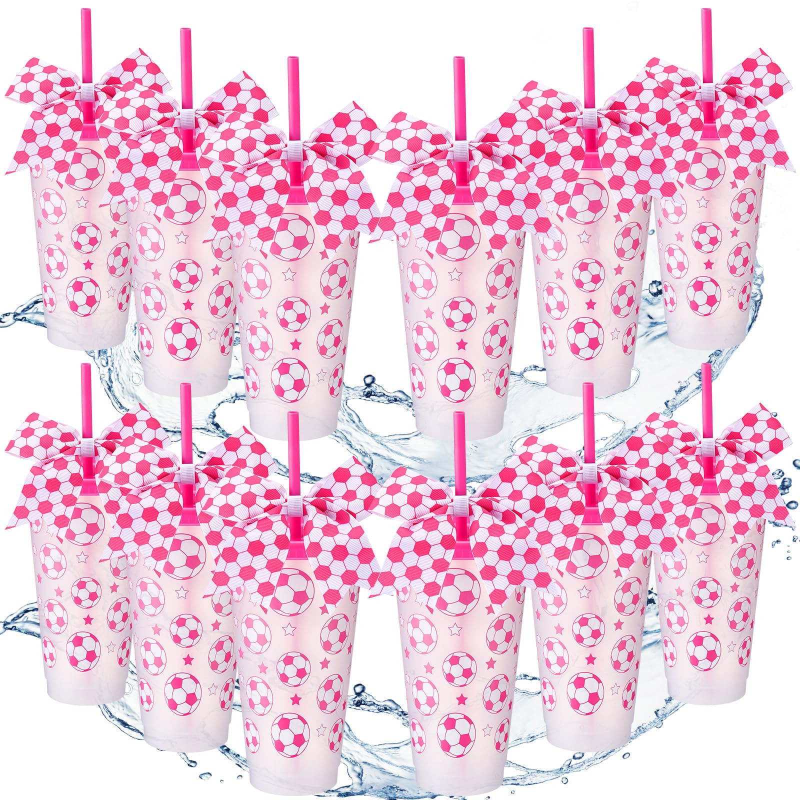 Skylety 12 Sets Soccer Cups Girls Pink Plastic Tumbler with Lid and Straw Bow Decorated 24oz Reus... | Amazon (US)