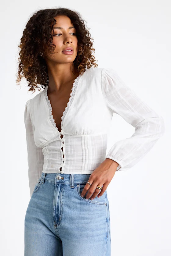 Keyra Ivory Button-Front Balloon Sleeve Crop Top | Lulus