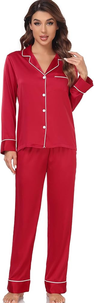 Serenedelicacy Women's Satin Pajama Set Long Sleeve Button Down Sleepwear 2-Piece Striped Silky P... | Amazon (US)