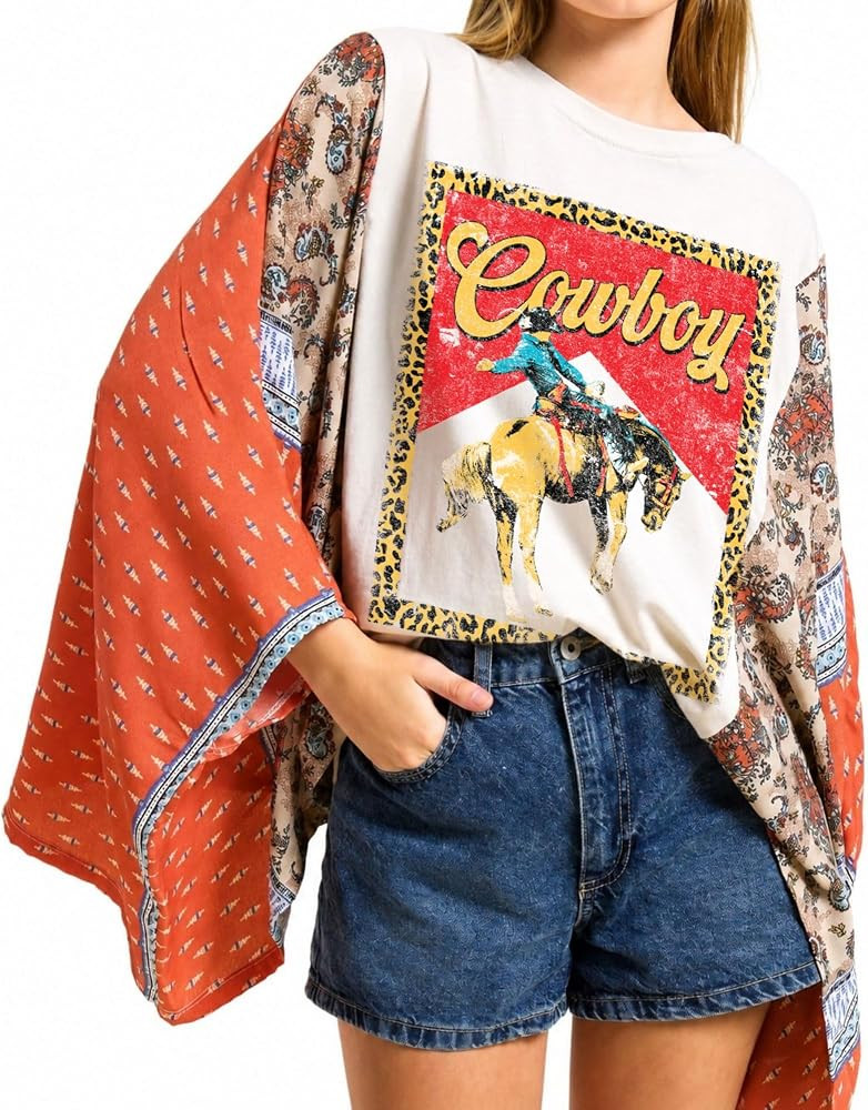 Women's Western Poncho Top, Open-Side 100% Cotton Top with Airy Yoryu Chiffon Kimono Sleeves, Vin... | Amazon (US)