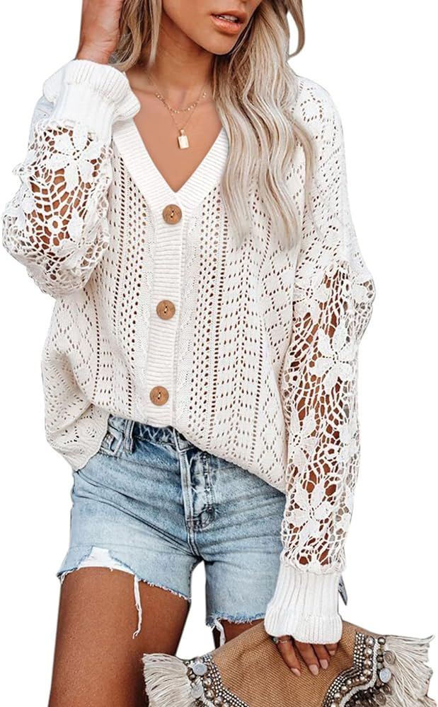 Dokotoo Crochet Lace V Neck Long Sleeve Hollow Out Cable Knit Cardigan for Women Sweaters Tops | Amazon (US)