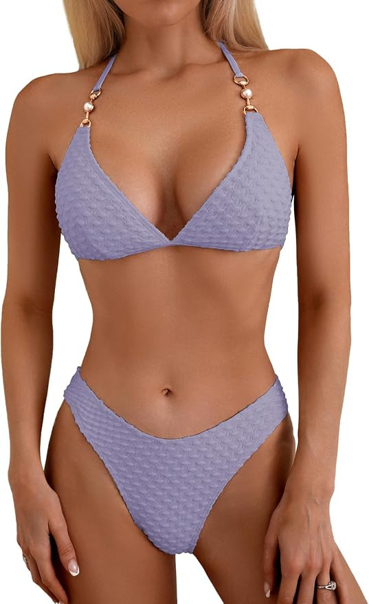 swimall Women's Triangle Bikini Set Cheeky High Cut Sexy Two Piece Swimsuit Cute Halter Bathing S... | Amazon (US)