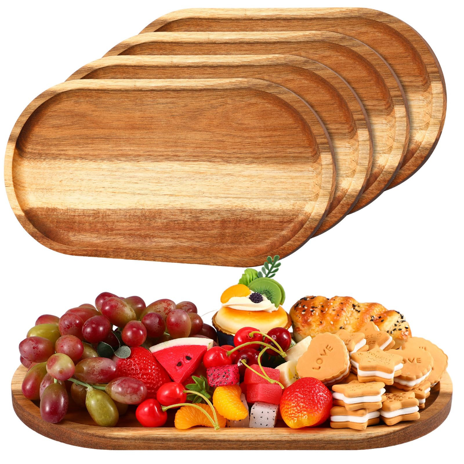 Yaomiao 4 Pcs Acacia Wooden Serving Tray Oval Shaped Rustic Wood Plates Large Decorative Natural ... | Amazon (US)