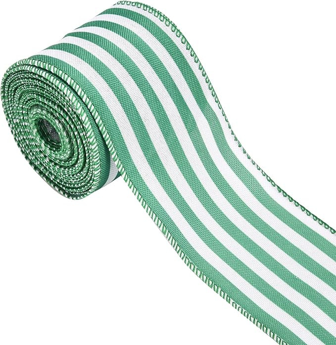 Christmas Ribbon for Tree, Green and White Striped Ribbon Wired Vertical Strip Fabric Ribbon Gift... | Amazon (US)