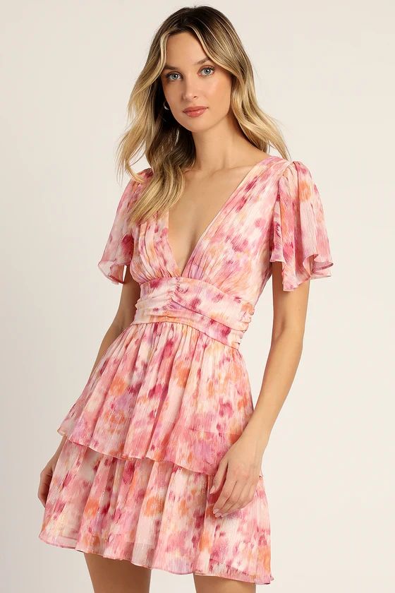 Sunny Evenings Pink Multi Lurex Flutter Sleeve Mini Dress | Lulus (US)