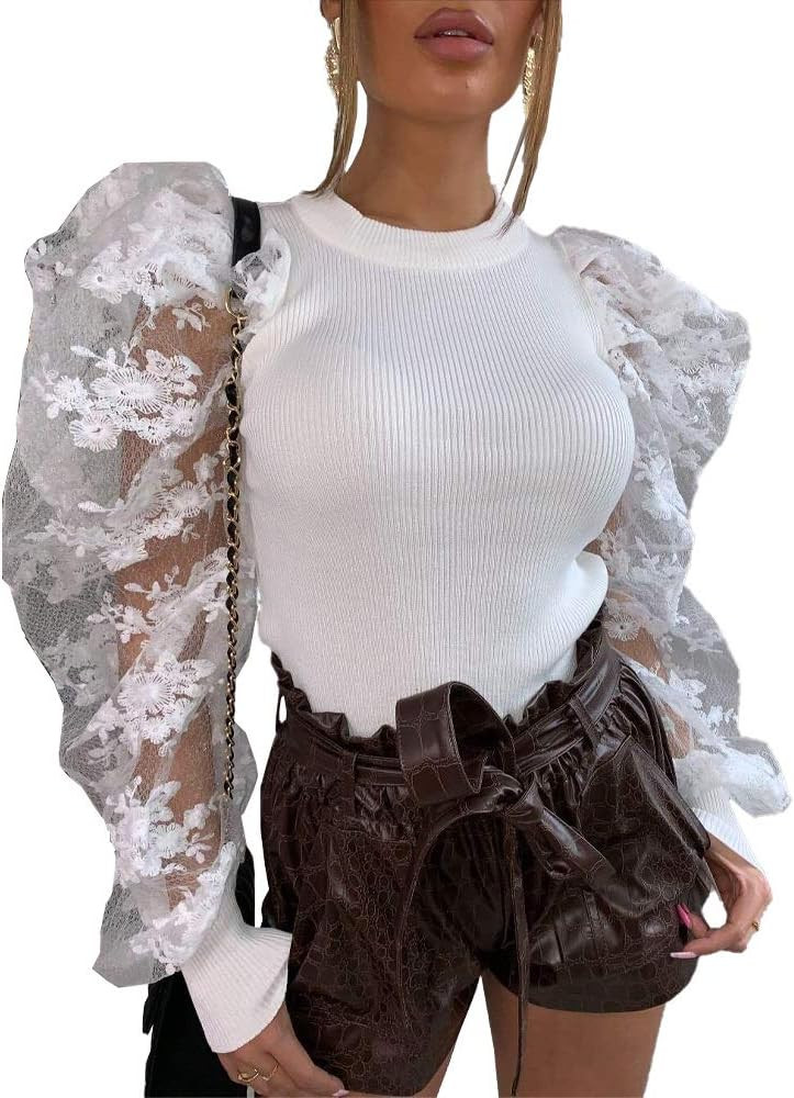 Ophestin Women's Sexy Puff Long Sleeve Tops Ribbed Ruched Crewneck Slim Fit Party Blouse T Shirts... | Amazon (US)