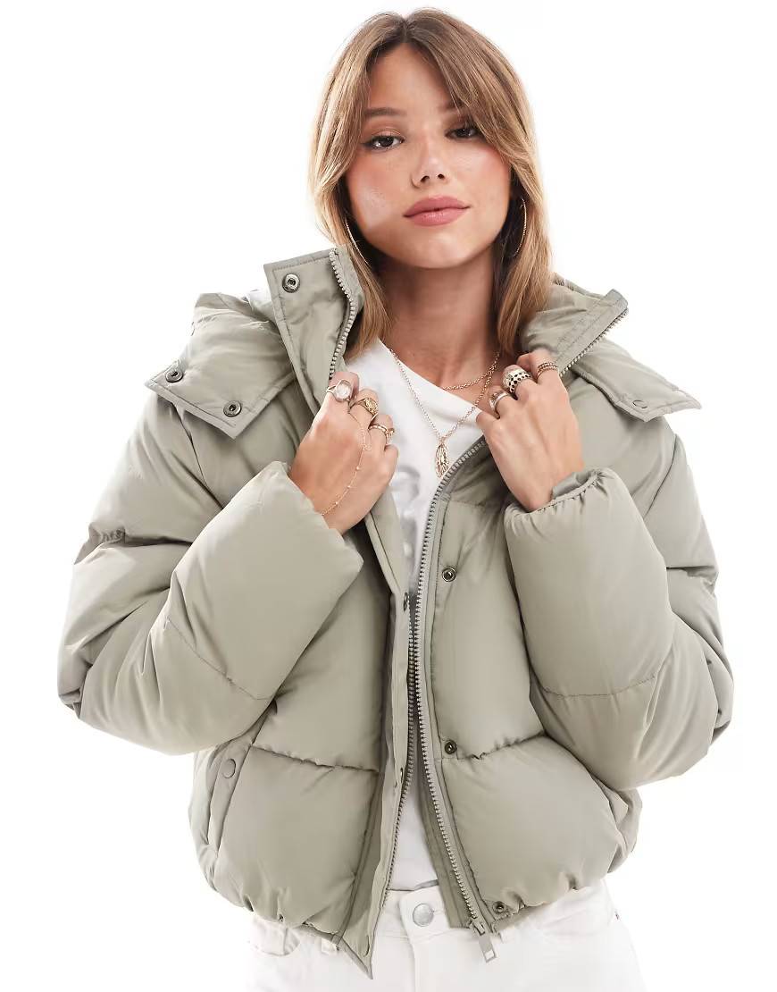 Brave Soul hooded cropped puffer jacket in sage green | ASOS (Global)