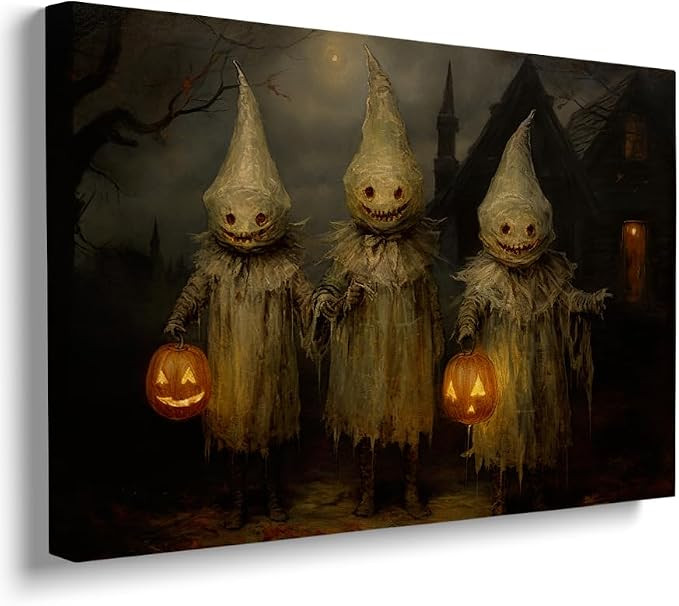 Framed Vintage Halloween Canvas Wall Art, Cute Scarecrow Witchy Print Poster, Retro Funny Lighted... | Amazon (US)