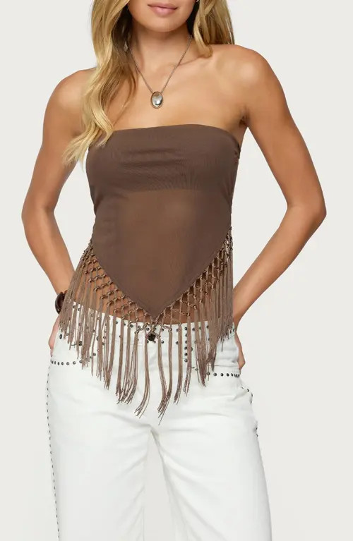 EDIKTED Fringe Hem Mesh Tube Top in Brown at Nordstrom, Size Large | Nordstrom