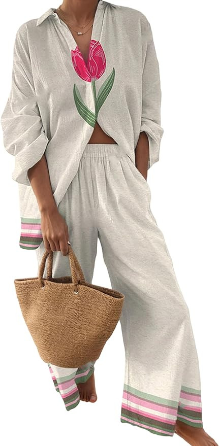 Women's Two Piece Outfit Graphic Print Long Sleeve Shirt & Wide Leg Pants Elastic Waist Vacation ... | Amazon (US)