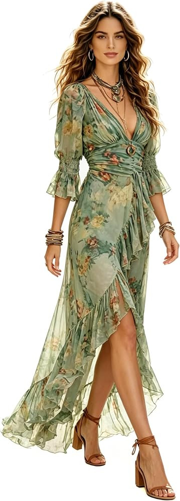 Women Bohemian Floral Chiffon Maxi Dress,Summer V-Neck Bell Sleeve High-Slit Ruffled Long Dress | Amazon (US)