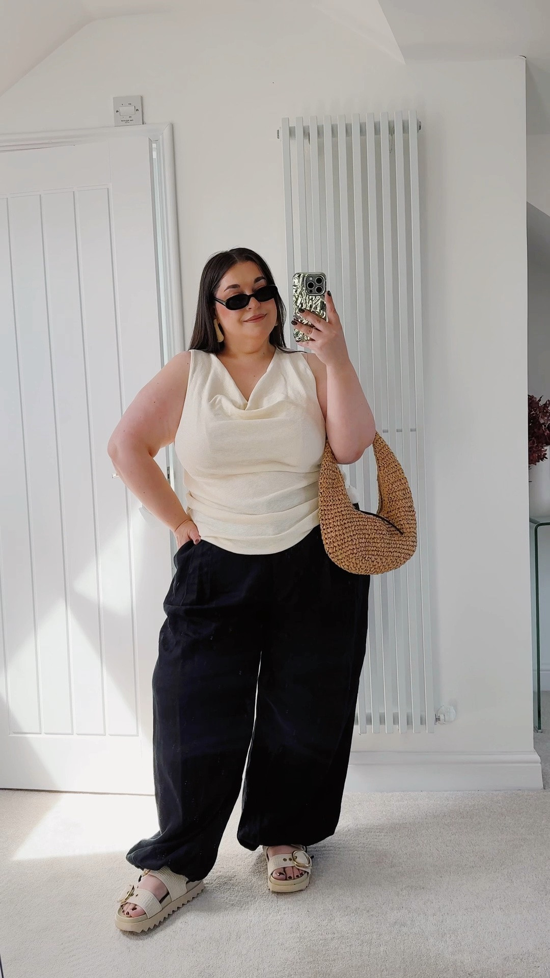Wide leg linen balloon trousers, a draped cowl neck top, strappy sandals, a woven raffia bag and slim sunnies. The ultimate plus size summer outfit for rooftop drinks in the sunshine. ☀️🍸

#LTKuk #LTKsummer #LTKplussize