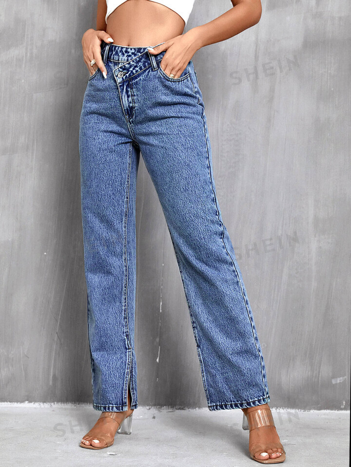 SHEIN Frenchy Stepped Waist Straight Leg Split Hem Jeans | SHEIN