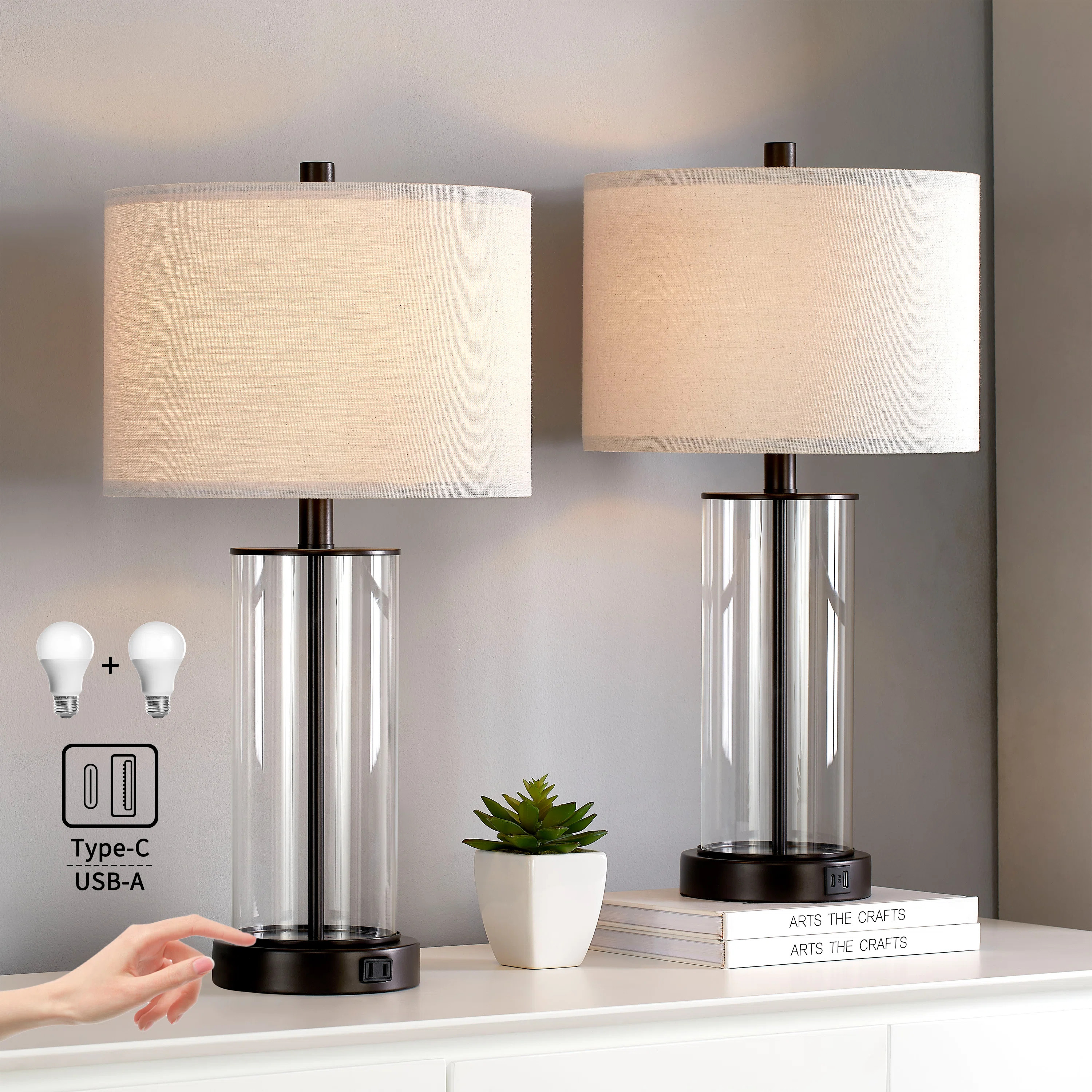 Quinita 23"  Glass Table Lamp Set with Touch Control,  LED Bulbs, USB Ports (Set of 2) | Wayfair North America