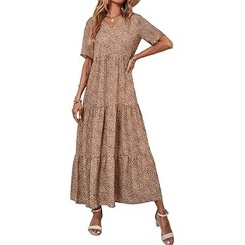 CFLONGE Women's Summer 2023 Casual Bobo Maxi Dress Floral Print V Neck Short Sleeve High Waist Fl... | Amazon (US)