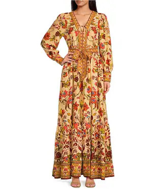 Woven Floral Print Deep V-Neck Long Bubble Sleeve Tiered A-Line Flounce Maxi Dress | Dillard's