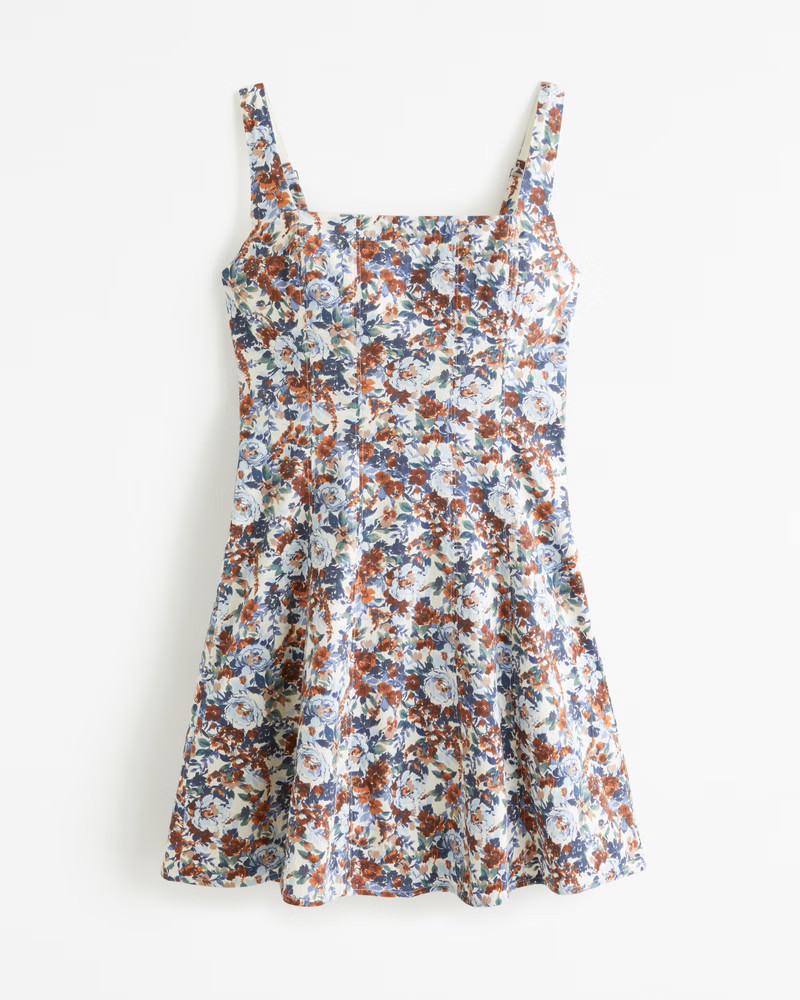 Abercrombie & Fitch Women's Stretch Cotton A-Line Mini Dress in Brown Floral - Size L TALL | Abercrombie & Fitch (US)