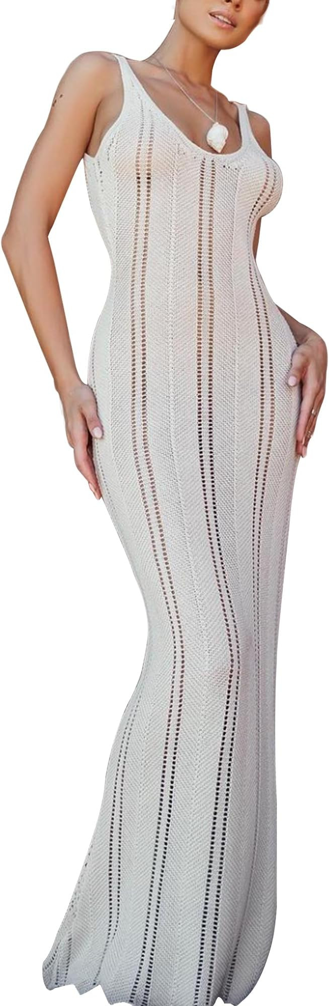 Women Off Sleeveless Maxi Casual Vacation Dress Sexy Deep V Neck Backless Summer Beach Eyelet Kni... | Amazon (US)