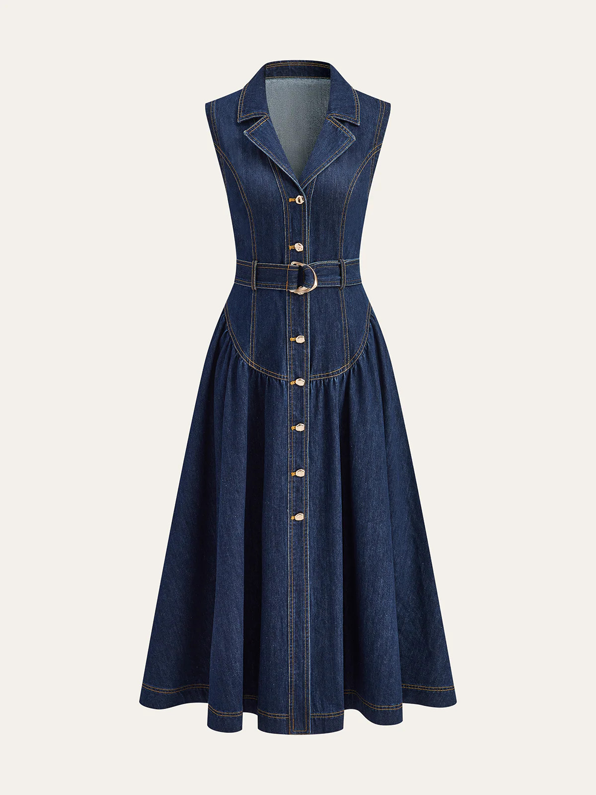 Metal Detail Denim Button-Front Belted Dress | Commense