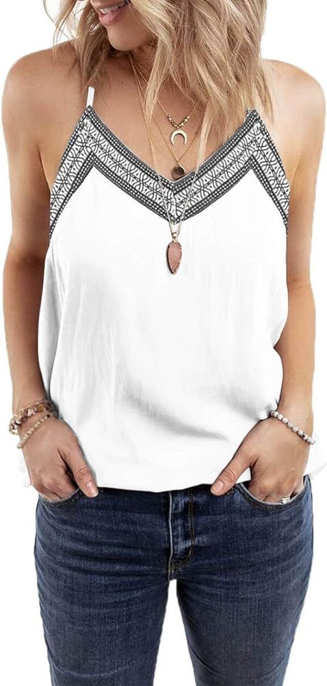 BLENCOT Women's V Neck Strappy Embroidery Tank Tops Loose Casual Sleeveless Shirts Blouses | Amazon (US)