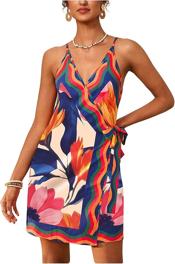 RoseSeek Women's Tropical Print Cami Dress Sleeveless Wrap V Neck Tie Knot Boho Short Dresses | Amazon (US)