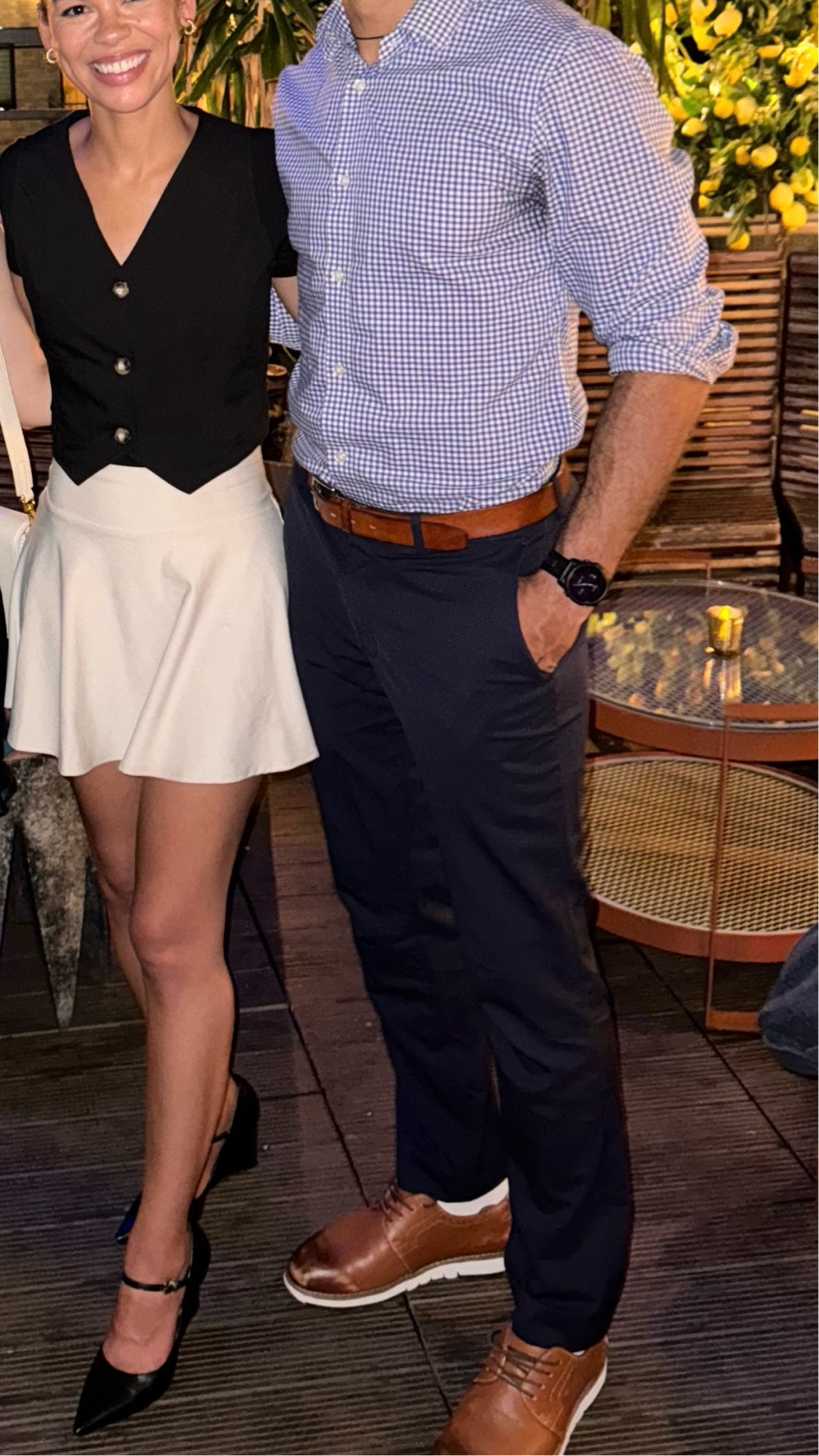 Fun outfit for a night out - this athletic skort (skirt with shorts) makes for a great dancing skirt too! Paired it with a black top and vest and easy wedges 