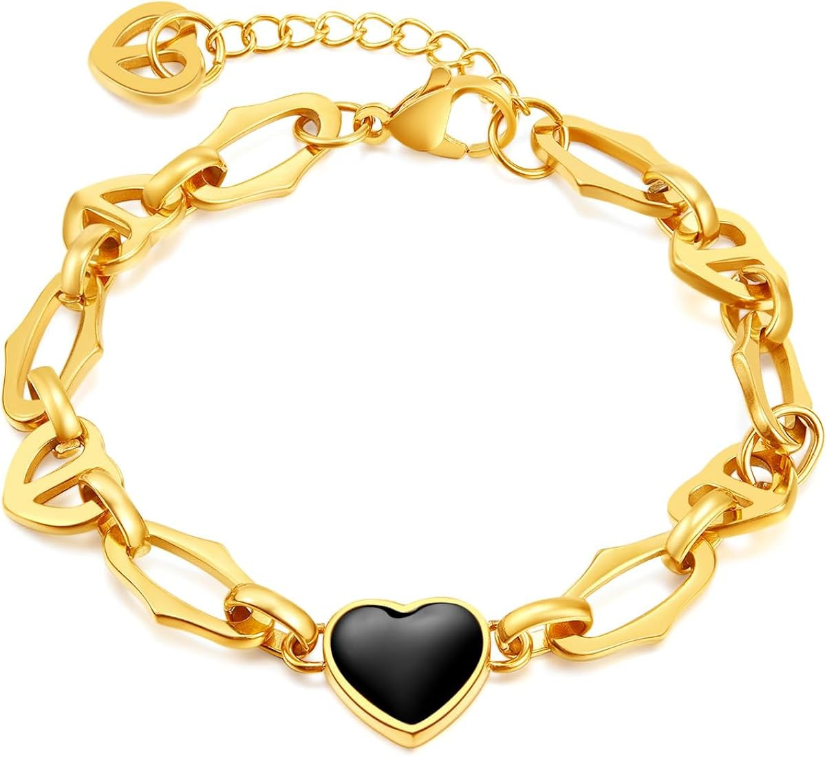 Women's Bracelet, Gold, Silver, Black, Enamel, Black Heart, Heart Pendant, Chain Bracelet, Thick,... | Amazon (US)
